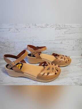 Swedish Hasbeens Wood Clogs Womens 38 Brown Leather Peep Toe Sandals Boho NWOB